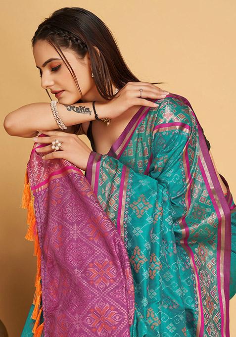 Teal Blue Woven Patola Silk Saree Set