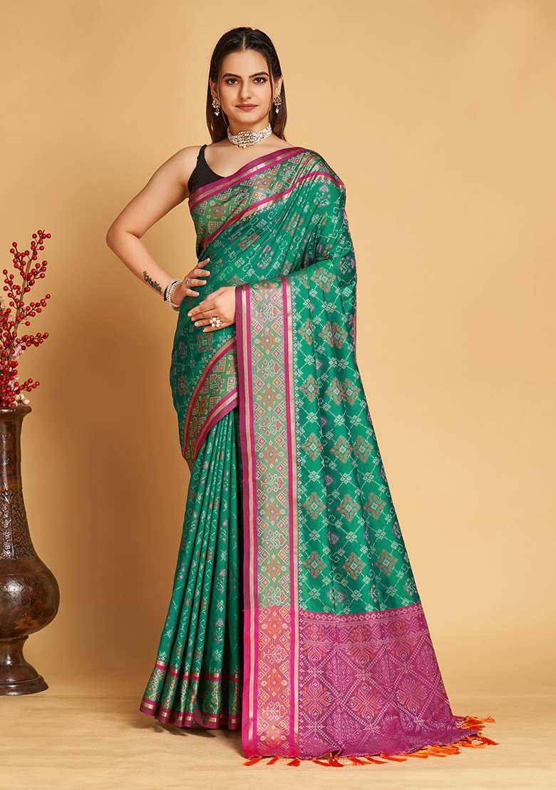Sea Blue Woven Patola Silk Saree Set for Diwali and Festive Wear - Indya