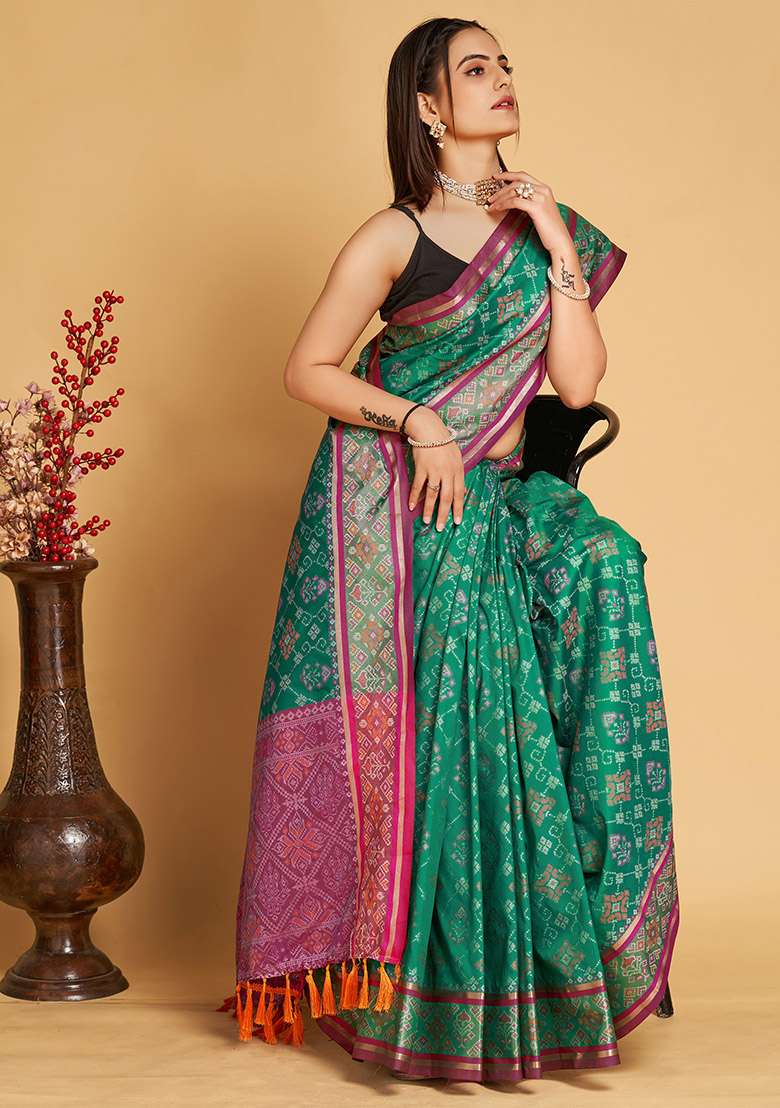 Sea Blue Woven Patola Silk Saree Set for Diwali and Festive Wear - Indya