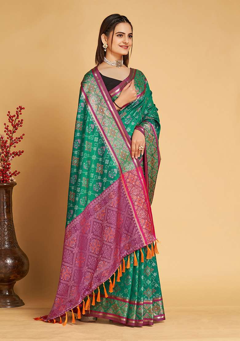 Sea Blue Woven Patola Silk Saree Set for Diwali and Festive Wear - Indya