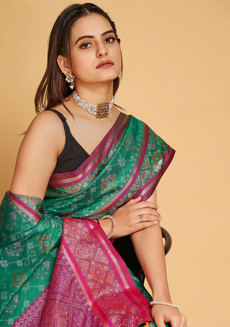 Sea Blue Woven Patola Silk Saree Set for Diwali and Festive Wear - Indya