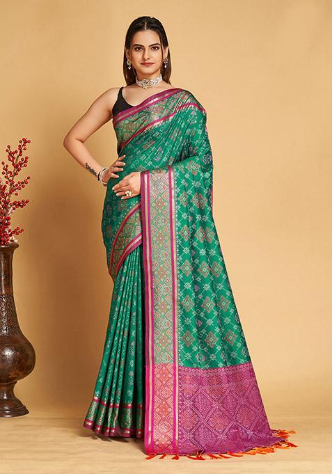 Sea Blue Woven Patola Silk Saree Set