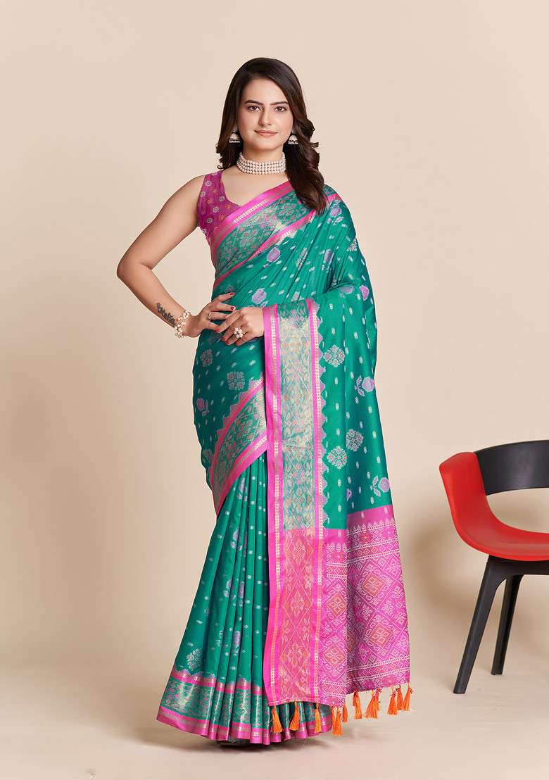 Sea Blue Woven Patola Silk Saree Set for Diwali and Festive Wear - Indya