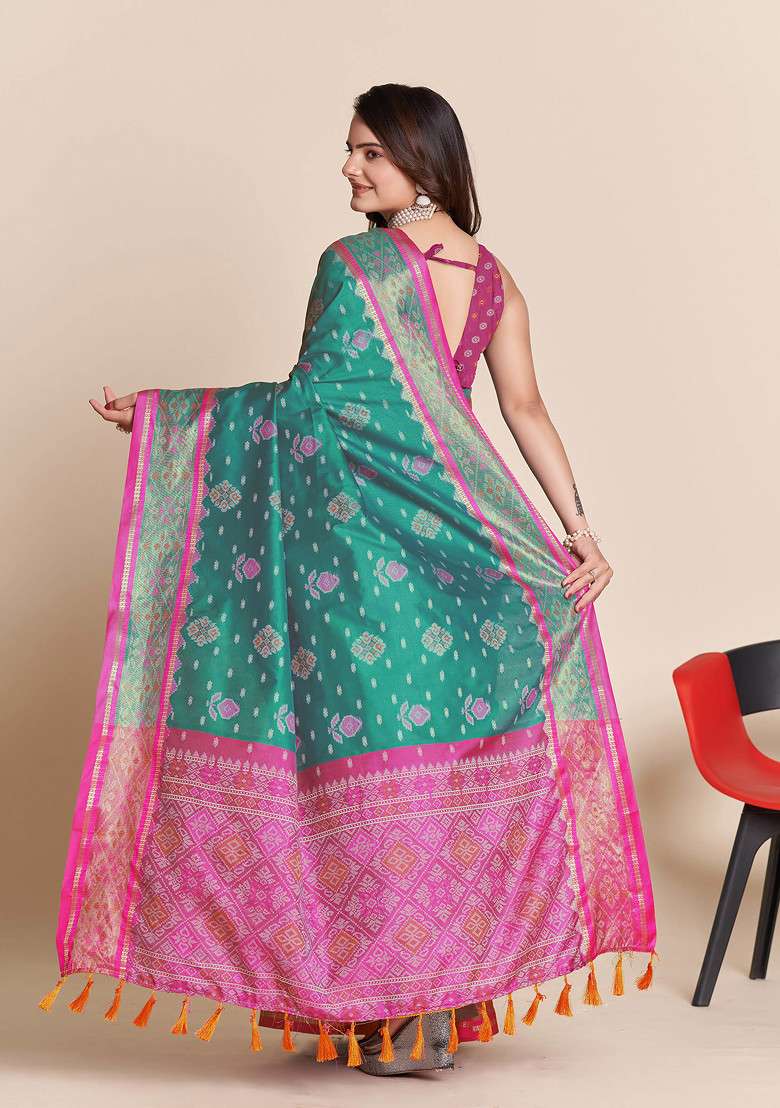 Sea Blue Woven Patola Silk Saree Set for Diwali and Festive Wear - Indya