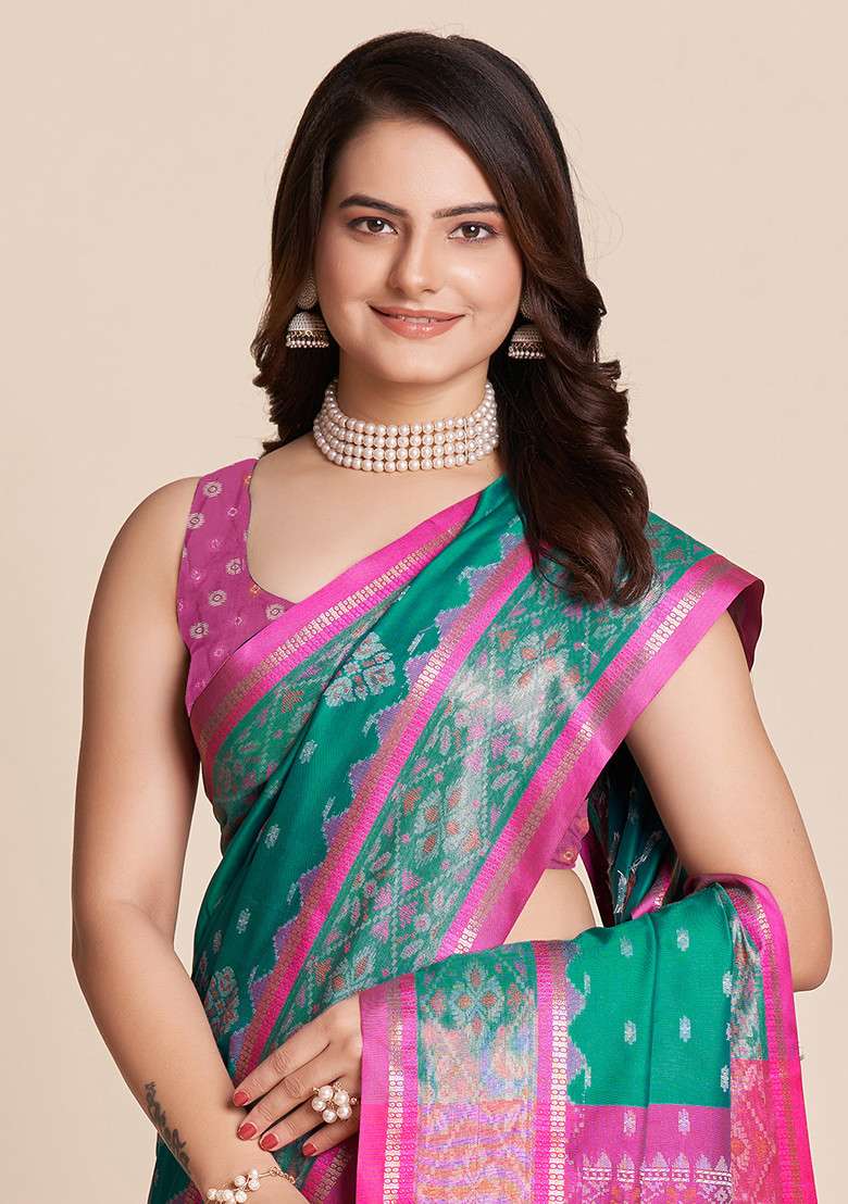 Sea Blue Woven Patola Silk Saree Set for Diwali and Festive Wear - Indya
