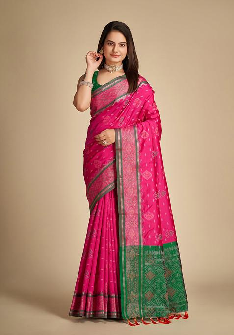 Rani Pink Woven Patola Silk Saree Set