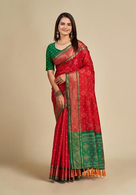 Red Woven Patola Silk Saree Set