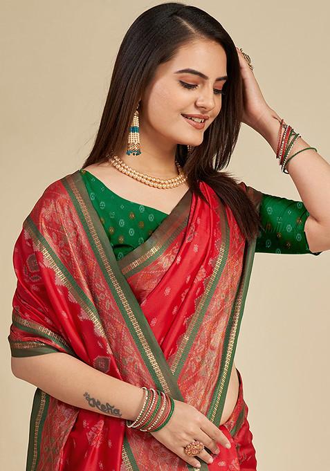 Red Woven Patola Silk Saree Set