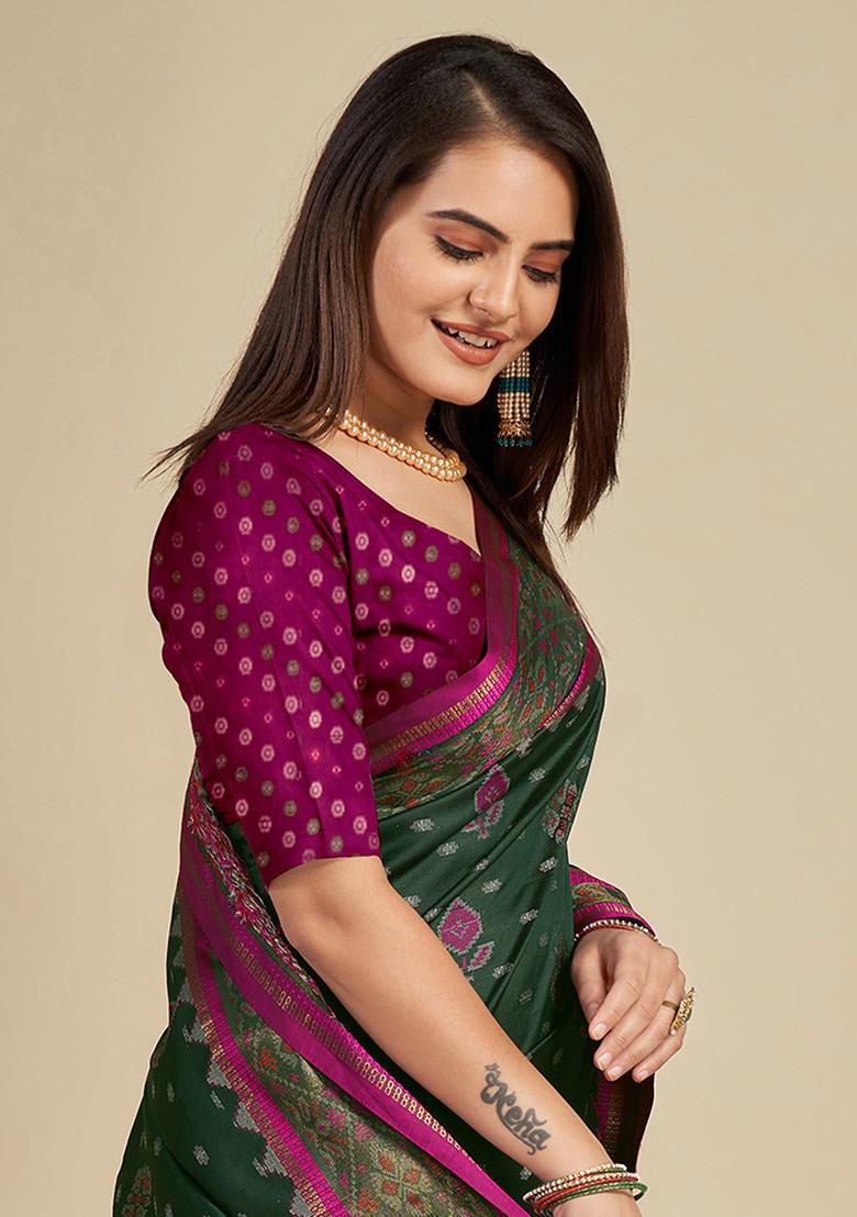 Green Woven Patola Silk Saree Set - Indya