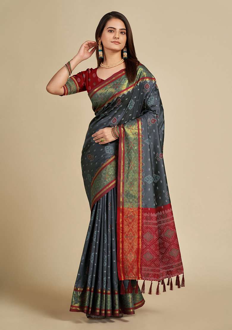 Grey Woven Patola Silk Saree Set for Diwali | Wedding & Festive Wear - Indya