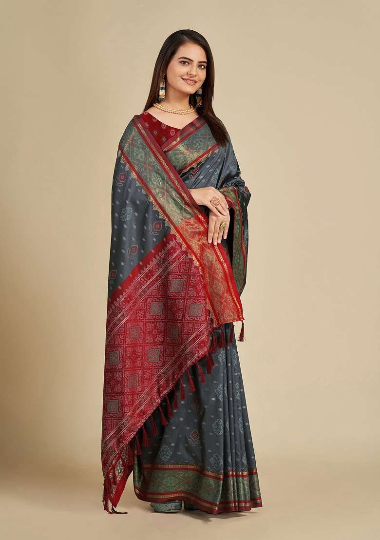 Grey Woven Patola Silk Saree Set for Diwali | Wedding & Festive Wear - Indya