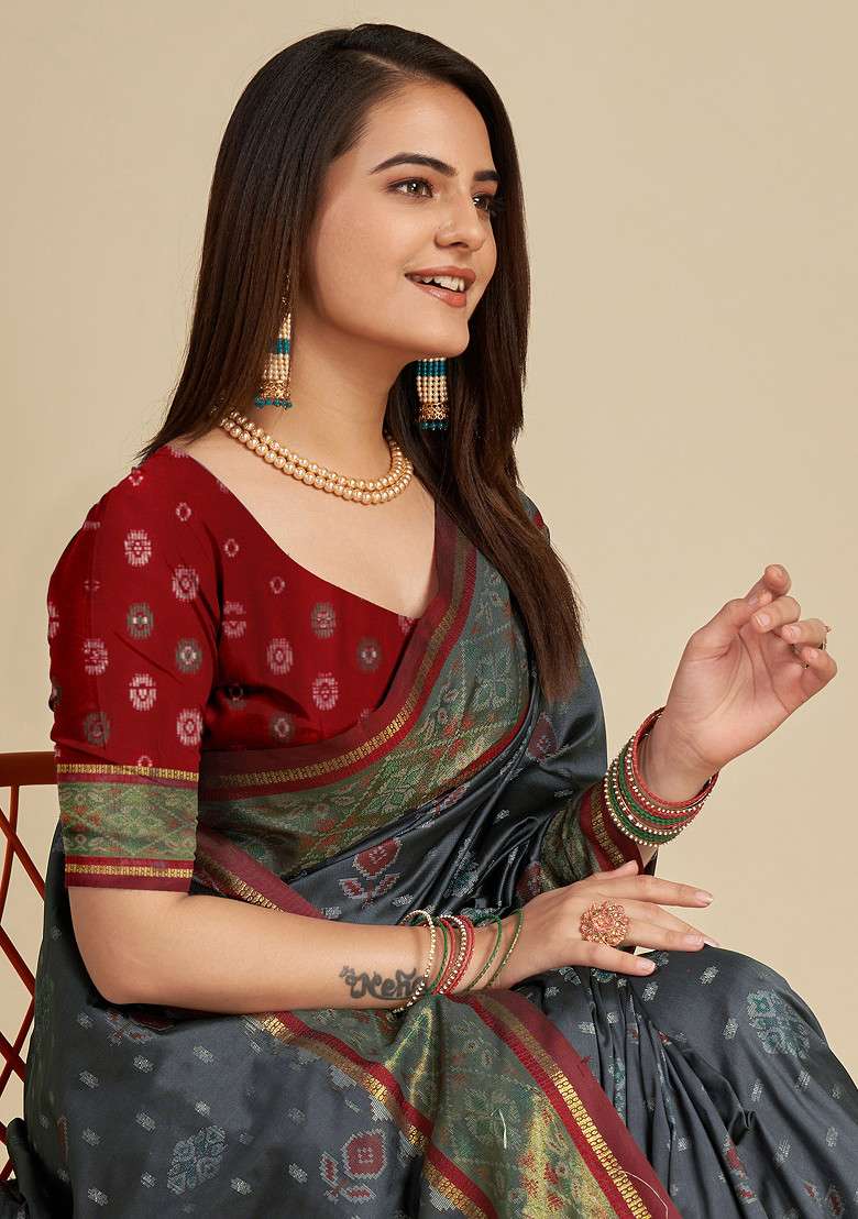 Grey Woven Patola Silk Saree Set for Diwali | Wedding & Festive Wear - Indya