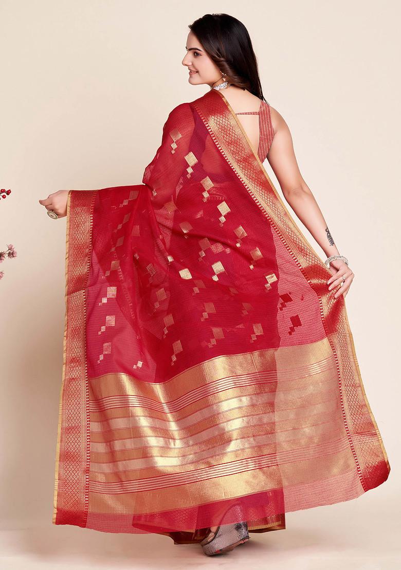 Red Zari Woven Kota Doria Silk Saree Set