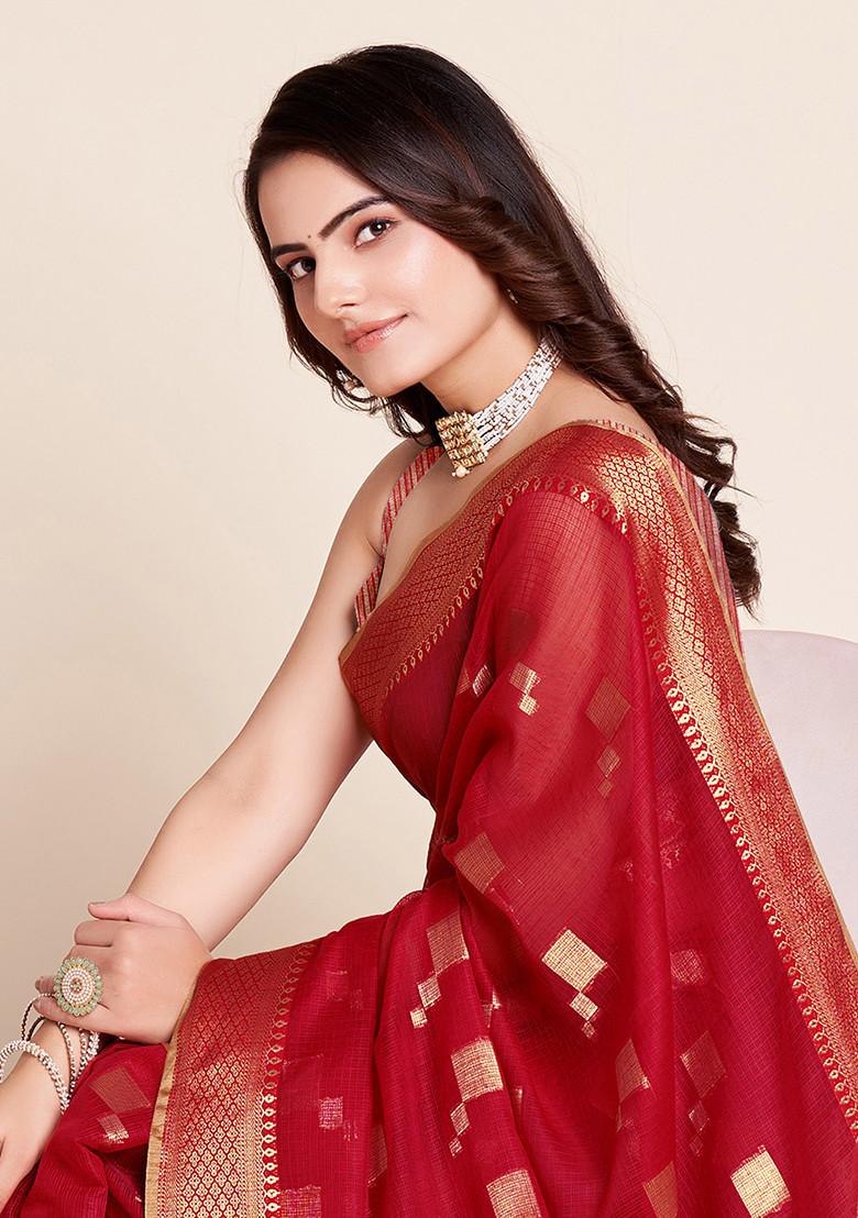 Red Zari Woven Kota Doria Silk Saree Set