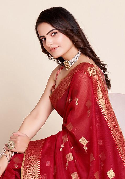 Red Zari Woven Kota Doria Silk Saree Set