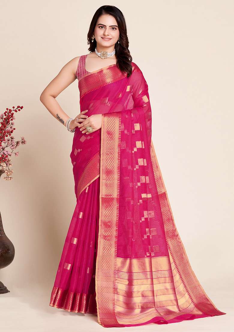 Pink Zari Woven Kota Doria Silk Saree Set for Diwali | Wedding & Festive Wear - Indya