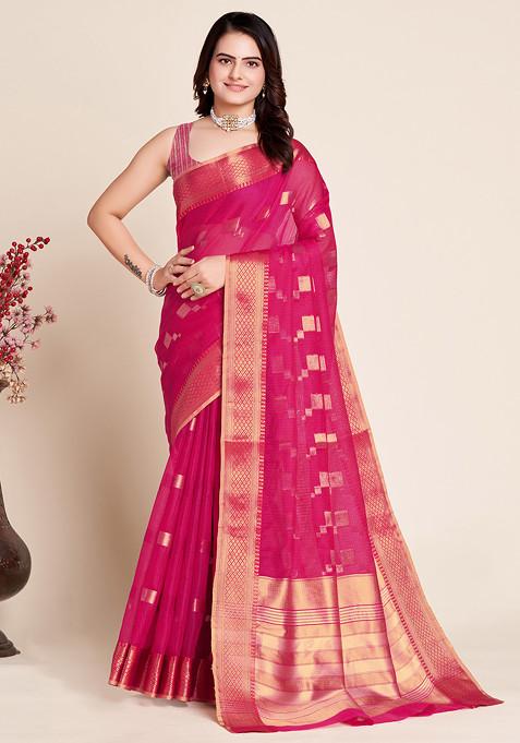 Pink Zari Woven Kota Doria Silk Saree Set