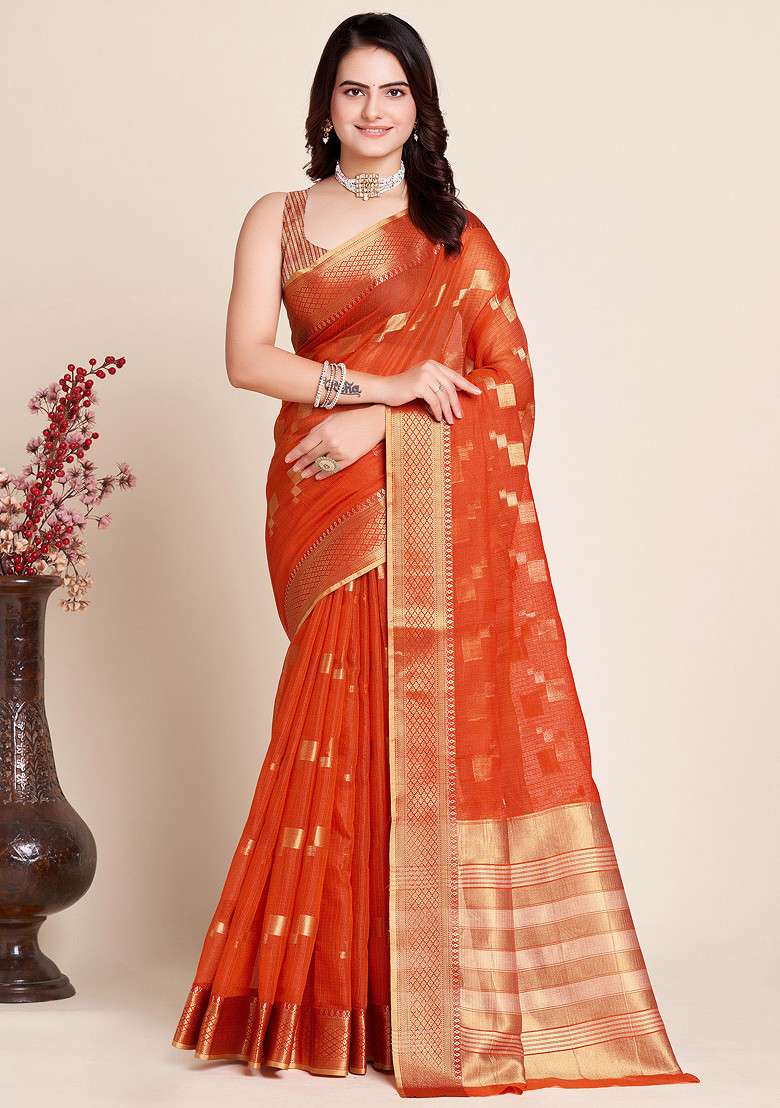 Peach Zari Woven Kota Doria Silk Saree Set for Diwali | Wedding & Festive Wear - Indya