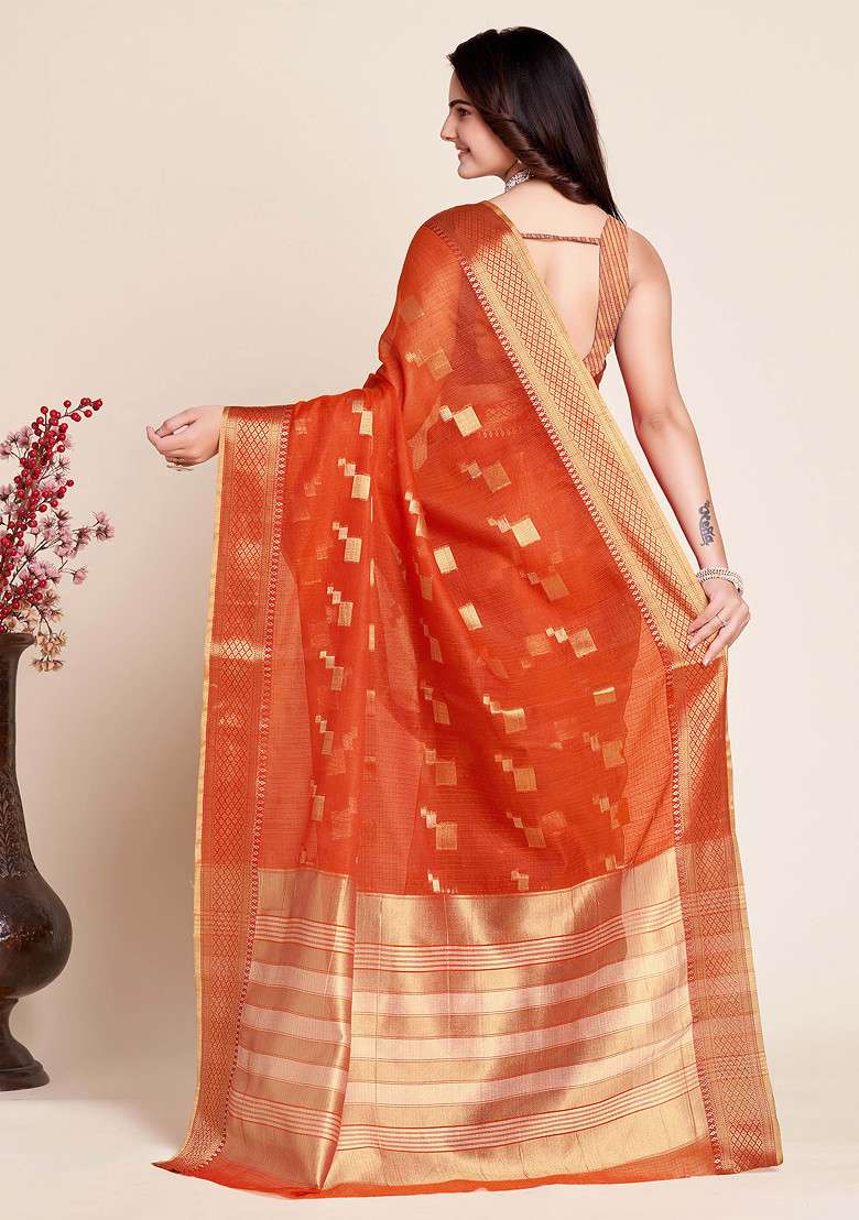Peach Zari Woven Kota Doria Silk Saree Set for Diwali | Wedding & Festive Wear - Indya