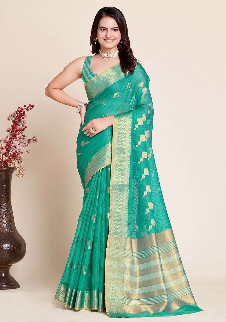 Sea Blue Zari Woven Kota Doria Silk Saree Set for Diwali | Wedding & Festive Wear - Indya