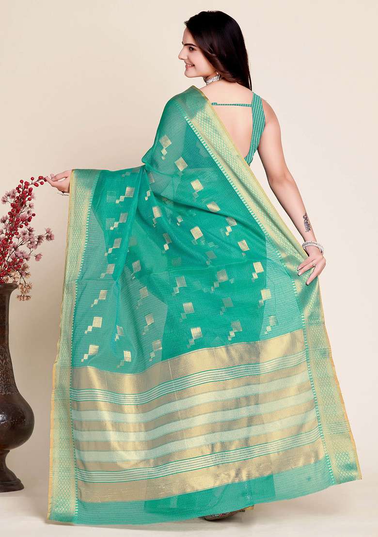 Sea Blue Zari Woven Kota Doria Silk Saree Set for Diwali | Wedding & Festive Wear - Indya
