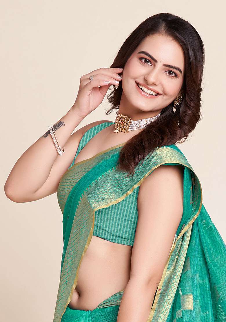 Sea Blue Zari Woven Kota Doria Silk Saree Set for Diwali | Wedding & Festive Wear - Indya
