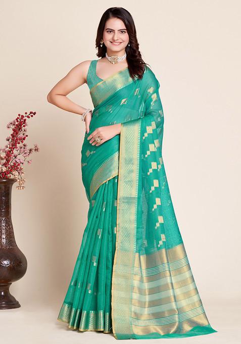 Sea Blue Zari Woven Kota Doria Silk Saree Set