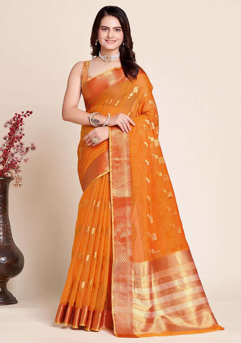 Orange Zari Woven Kota Doria Silk Saree Set for Diwali | Wedding & Festive Wear - Indya