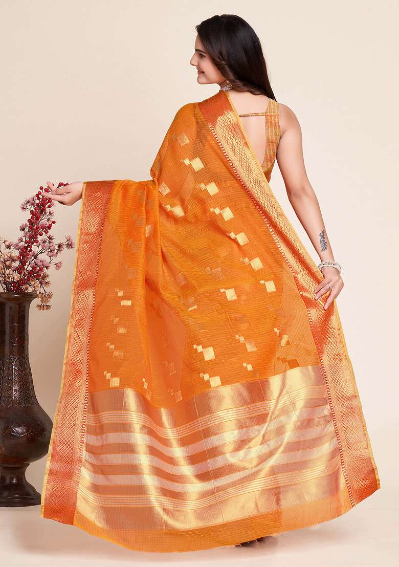 Orange Zari Woven Kota Doria Silk Saree Set for Diwali | Wedding & Festive Wear - Indya