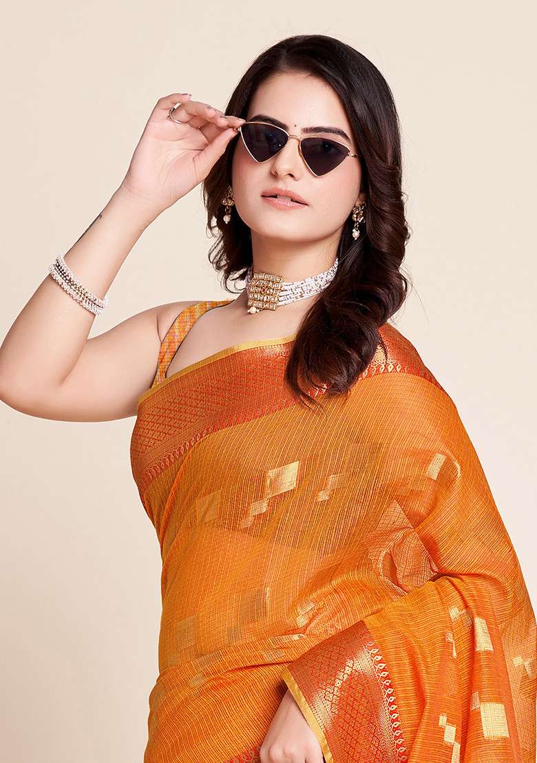 Orange Zari Woven Kota Doria Silk Saree Set for Diwali | Wedding & Festive Wear - Indya