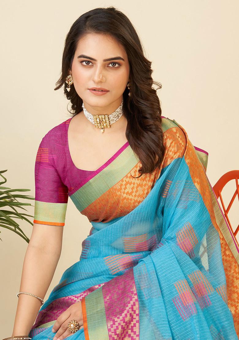 Blue Zari Woven Kota Doria Silk Saree Set