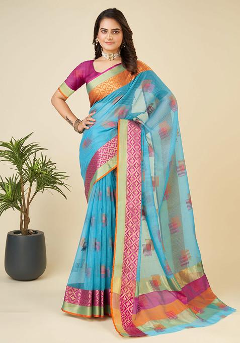 Blue Zari Woven Kota Doria Silk Saree Set