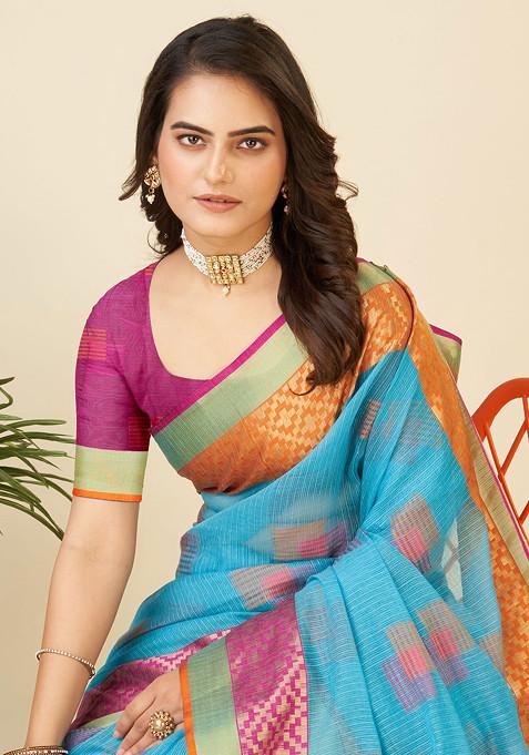 Blue Zari Woven Kota Doria Silk Saree Set