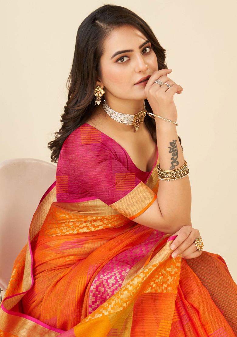 Red Zari Woven Kota Doria Silk Saree Set