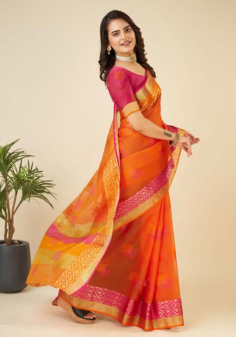 Red Zari Woven Kota Doria Silk Saree Set