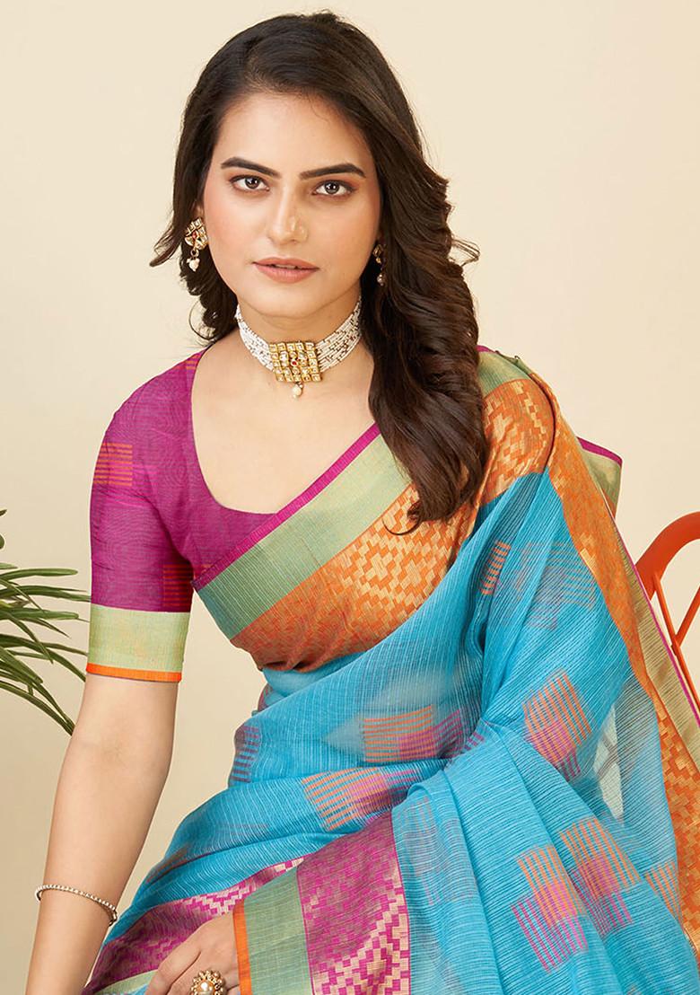 Sky Blue Zari Woven Kota Doria Silk Saree Set