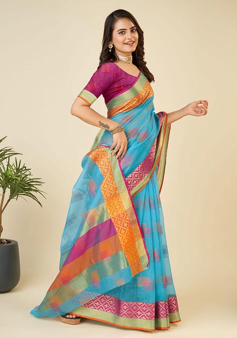 Sky Blue Zari Woven Kota Doria Silk Saree Set