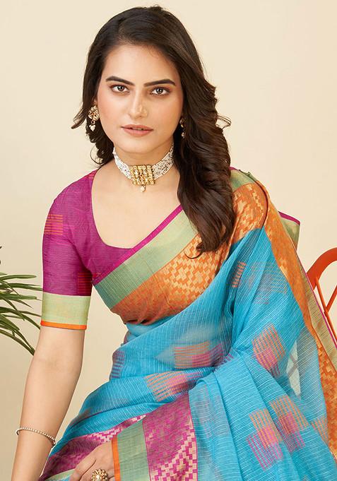 Sky Blue Zari Woven Kota Doria Silk Saree Set