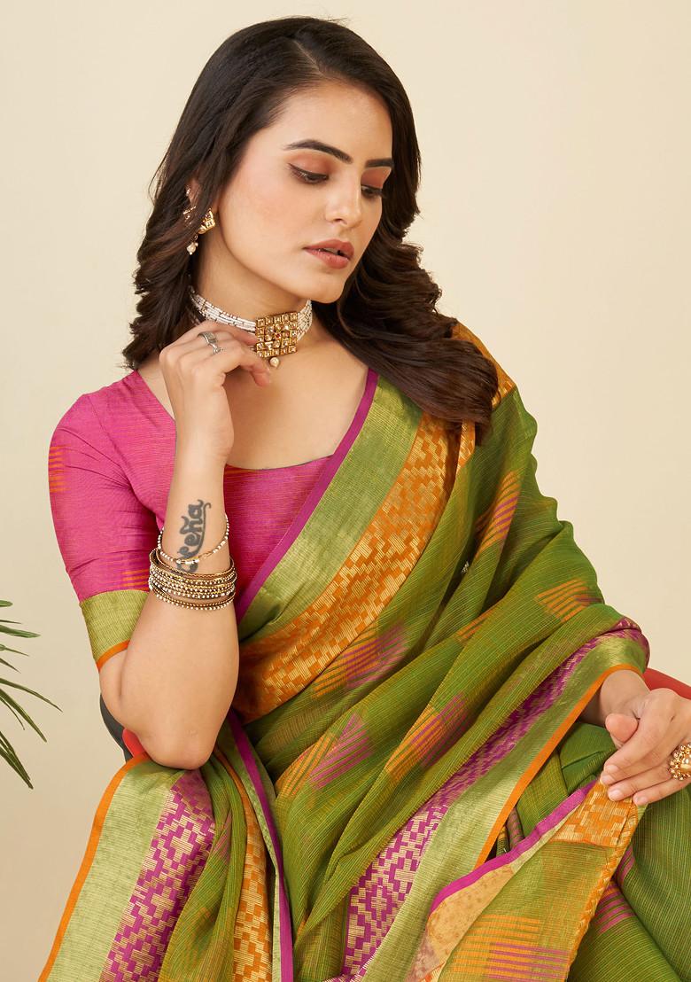 Green Zari Woven Kota Doria Silk Saree Set