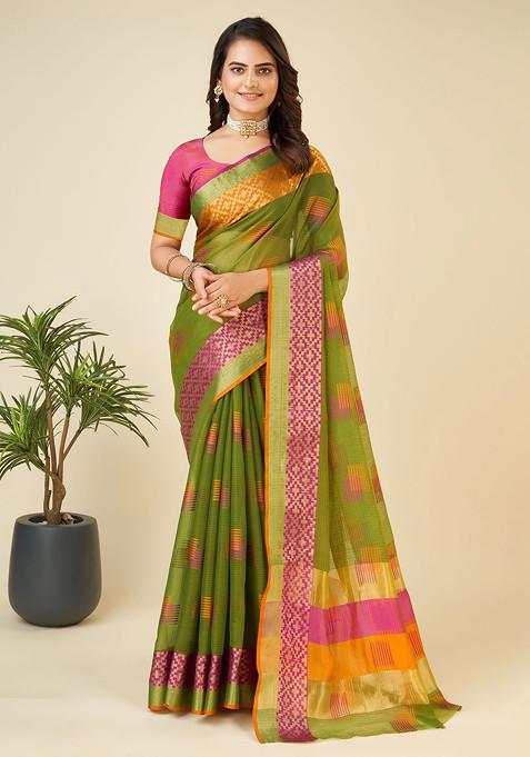 Green Zari Woven Kota Doria Silk Saree Set