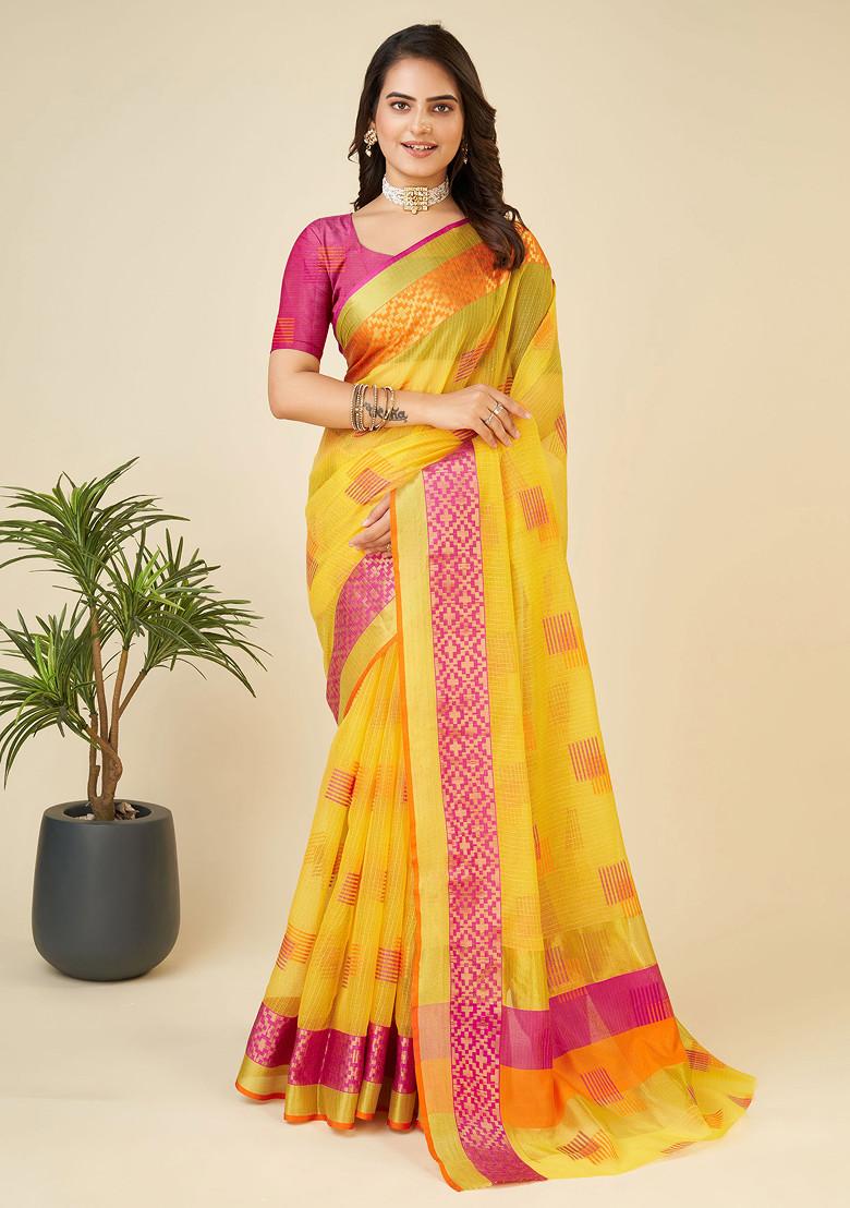 Yellow Zari Woven Kota Doria Silk Saree Set