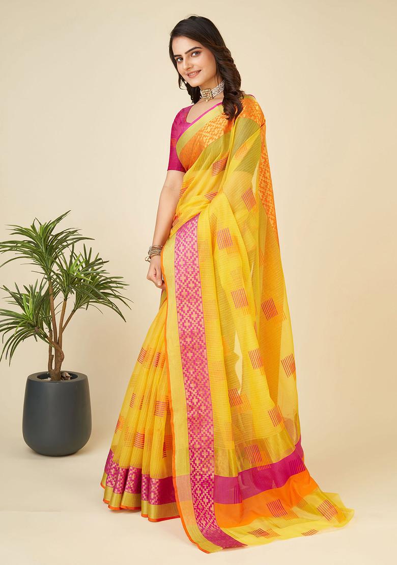 Yellow Zari Woven Kota Doria Silk Saree Set