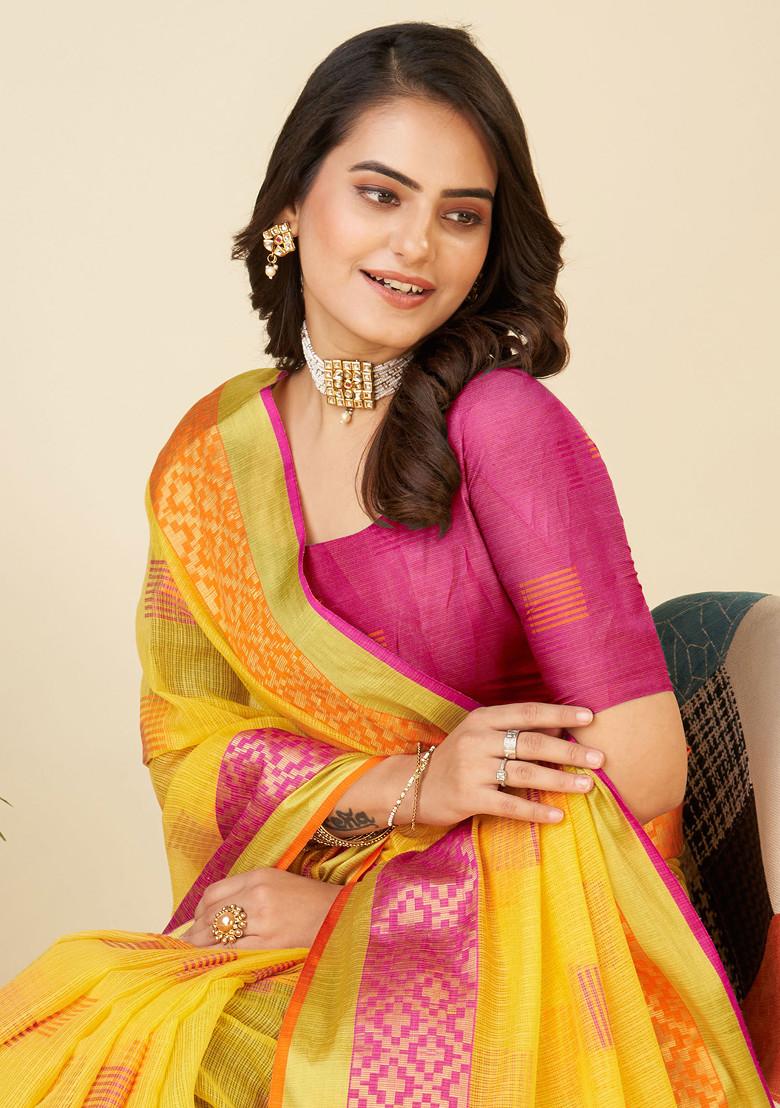 Yellow Zari Woven Kota Doria Silk Saree Set