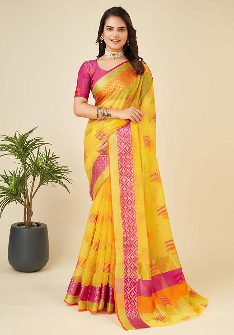 Yellow Zari Woven Kota Doria Silk Saree Set