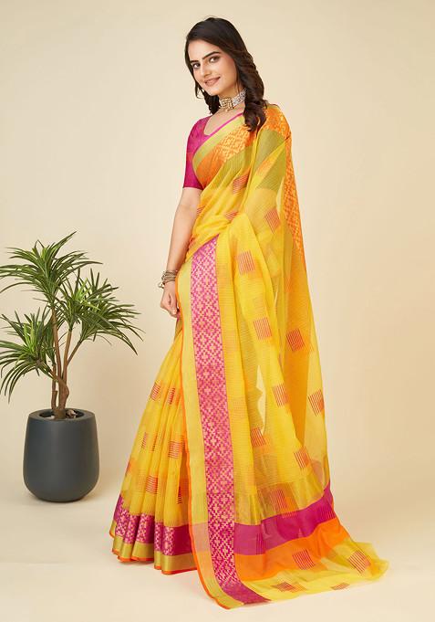 Yellow Zari Woven Kota Doria Silk Saree Set