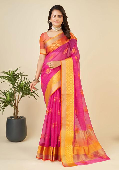 Pink Zari Woven Kota Doria Silk Saree Set