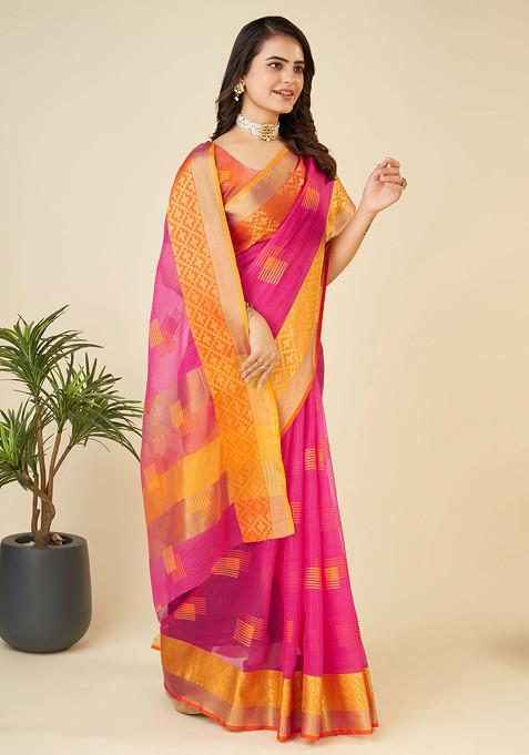 Pink Zari Woven Kota Doria Silk Saree Set