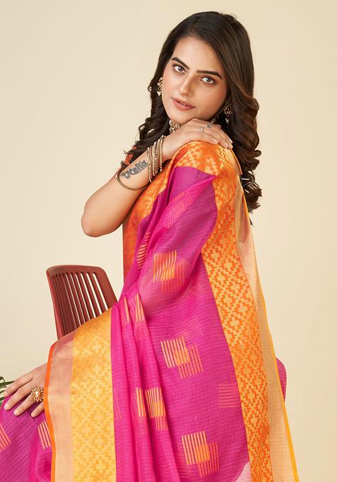 Pink Zari Woven Kota Doria Silk Saree Set