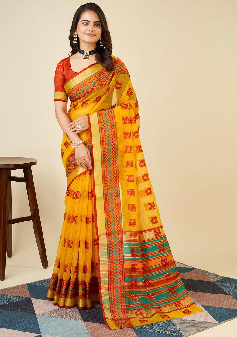 Yellow Zari Woven Kota Doria Silk Saree Set