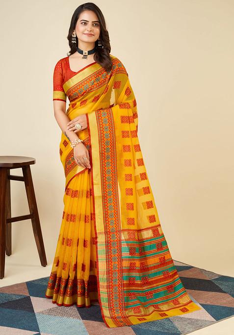 Yellow Zari Woven Kota Doria Silk Saree Set